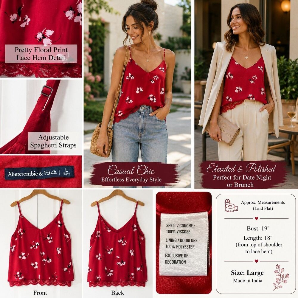 Abercrombie & Fitch Women L Red Floral Cami Y2K Romantic Chic Americana Tank Top